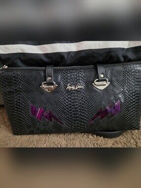 Black Faux-Snakeskin Shoulder Tote with Purple Accent Lightning Detail